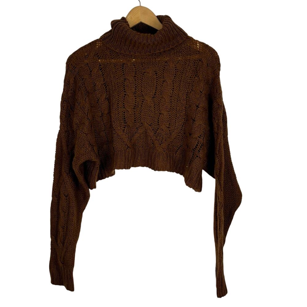 Beige Botany Cropped Turtleneck Sweater Oversized Cable Knit Brown Cottagecore S